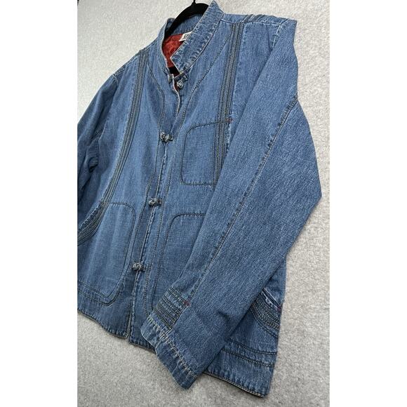 Chico’s Denim Jacket Women XL Blue Silk Lined Mandarin Collar Frog Closures - Picture 2 of 14